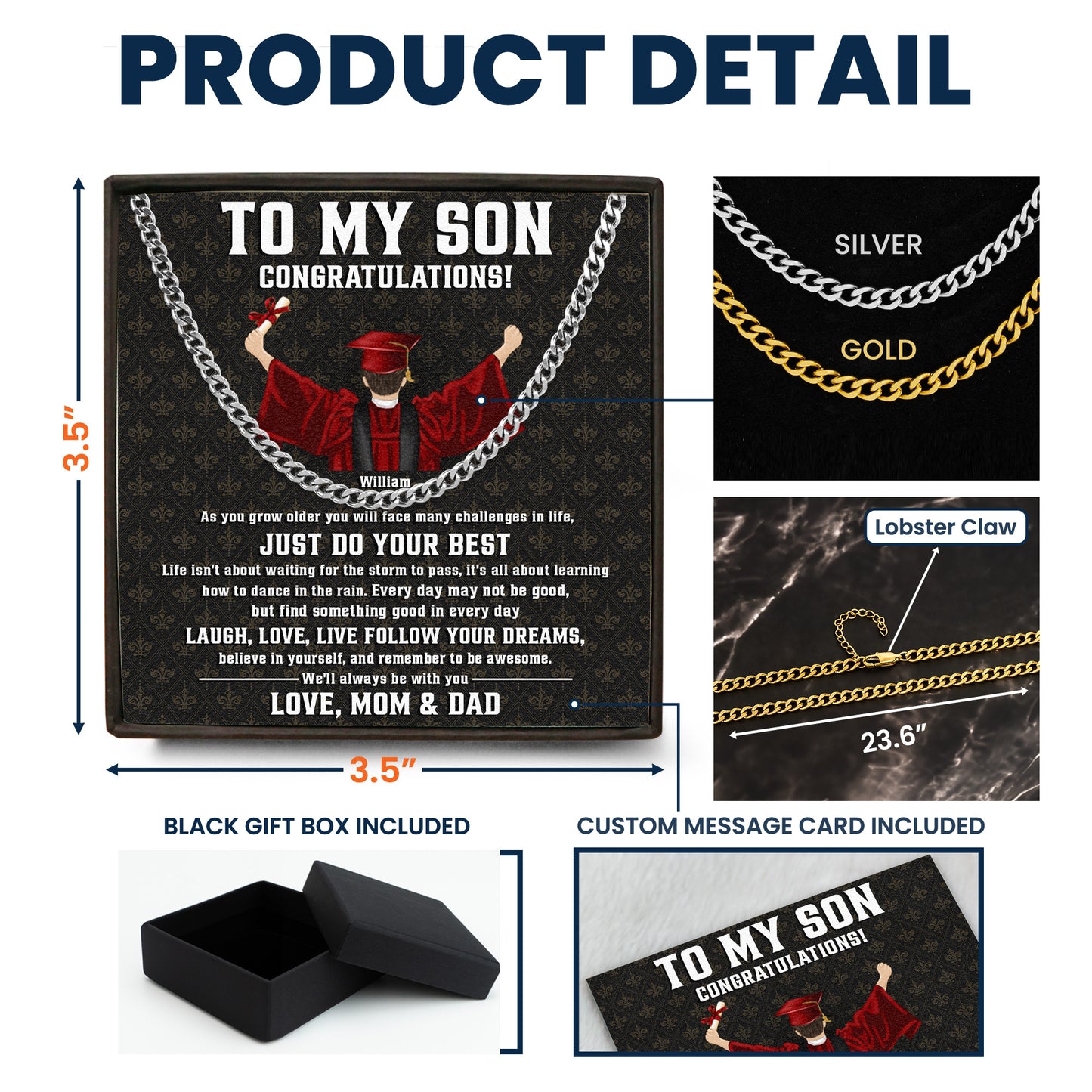 Graduation Gift For Son Believe In Yourself - Personalized Men's Cuban Link Chain