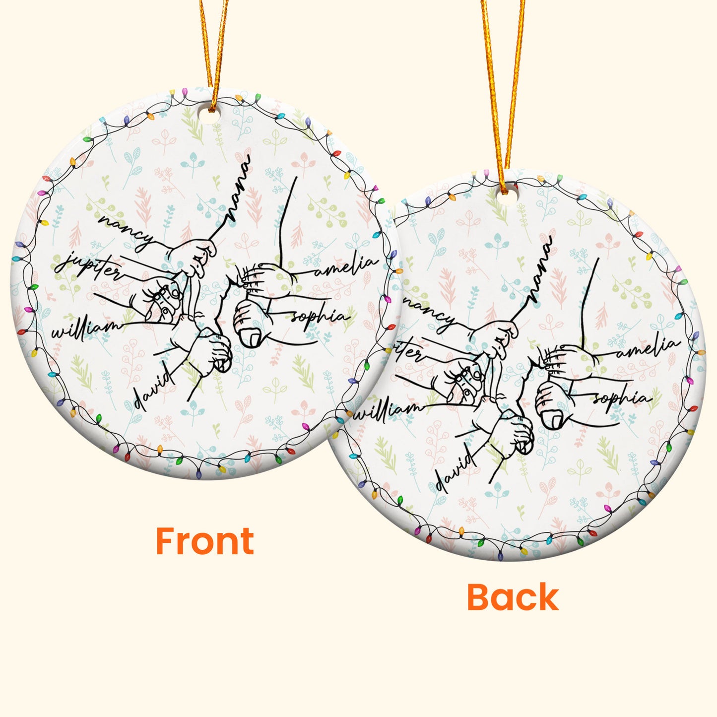 Grandma Hand Grandkids Name Christmas Light - Personalized Ceramic Ornament