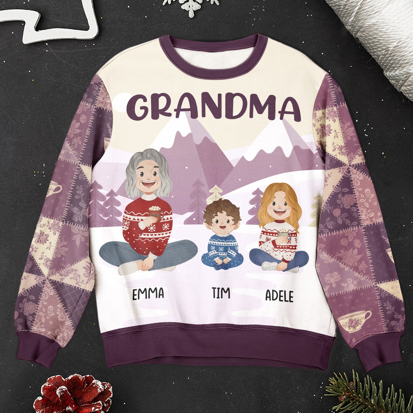 Grandma With Kids Folk Art - Personalized AOP Sweatshirt