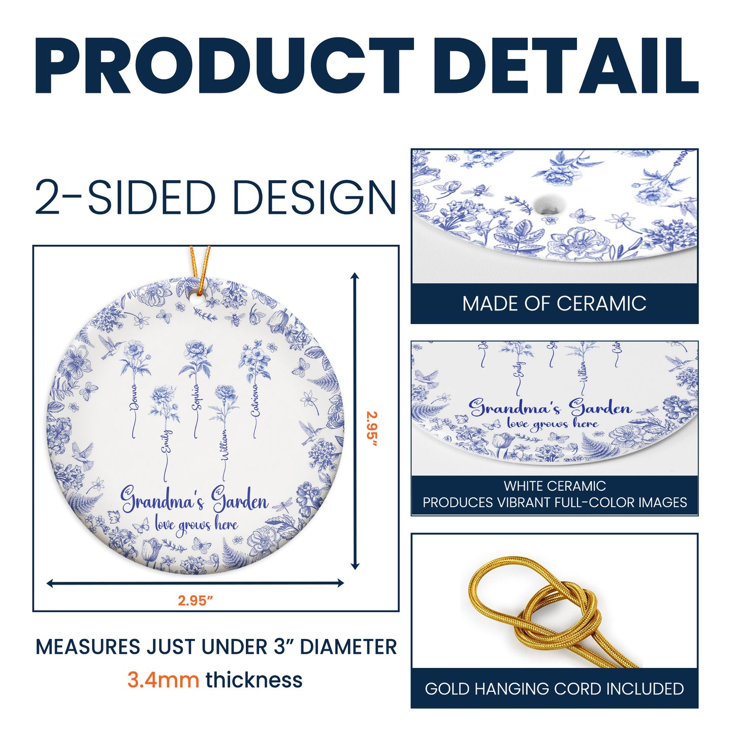 Grandma's Garden Toile De Jouy Custom Birth Flower Grandkids Names - Personalized Ceramic Ornament