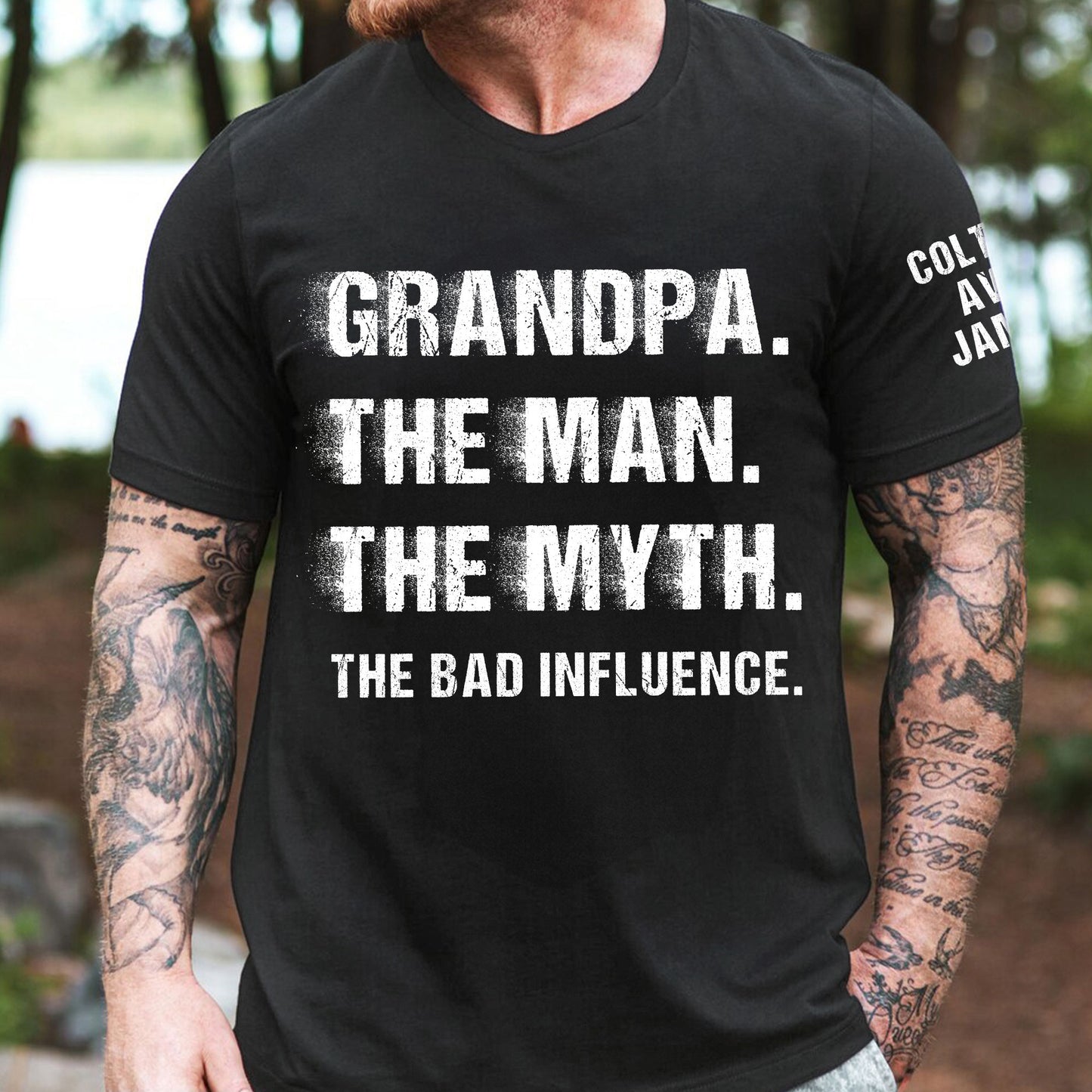 Grandpa The Man The Myth The Bad Influence Custom With Grandkids' Names - Up To 12 Names - Personalized Shirt
