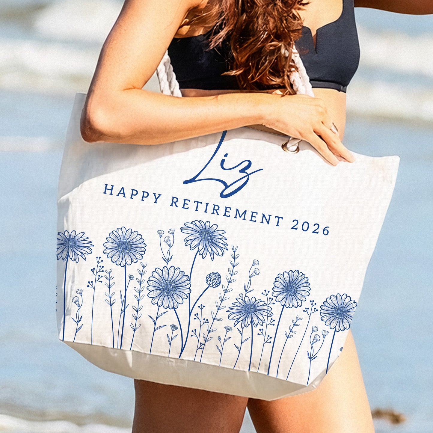 Happy Retirement Custom Birth Flower & Name - Personalized Beach Bag