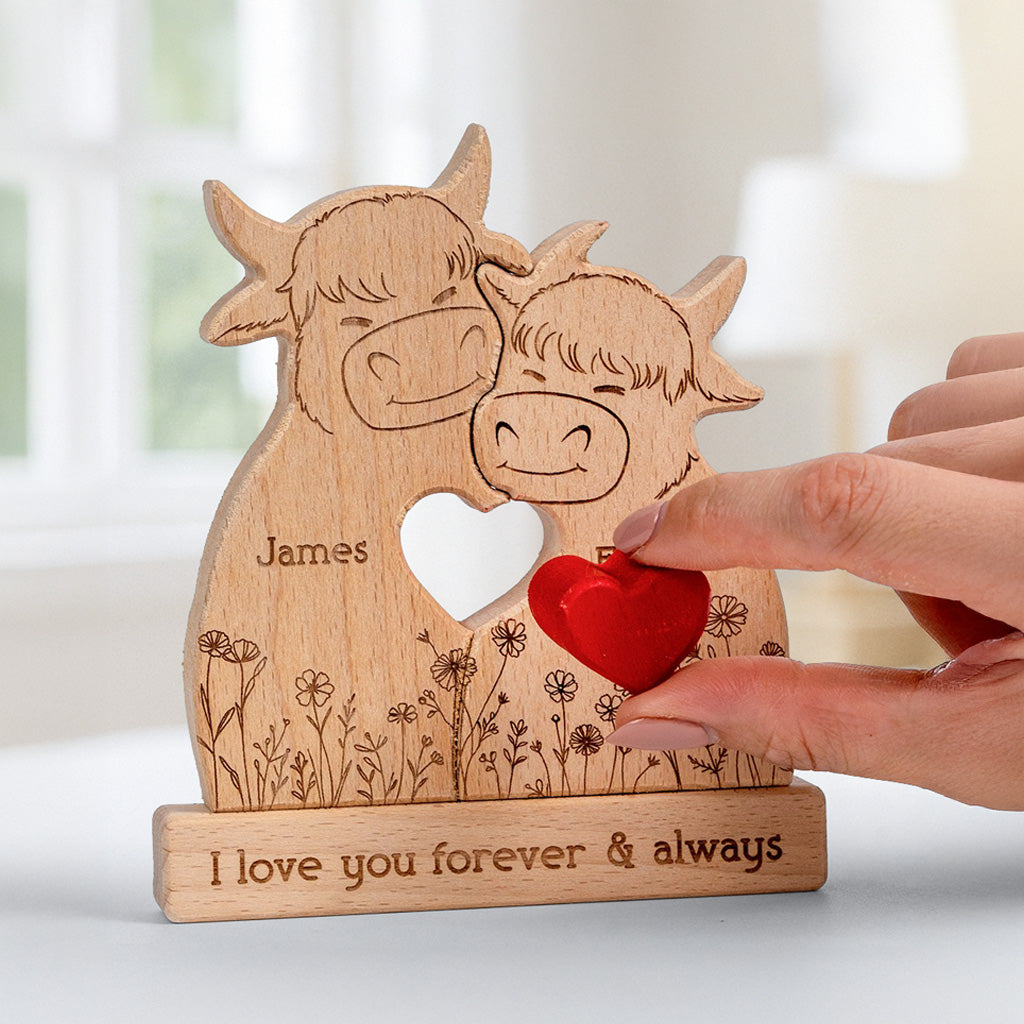Highland Cow Couple Anniversary Gift Valentine's Day Gift - Personalized Wooden Puzzle