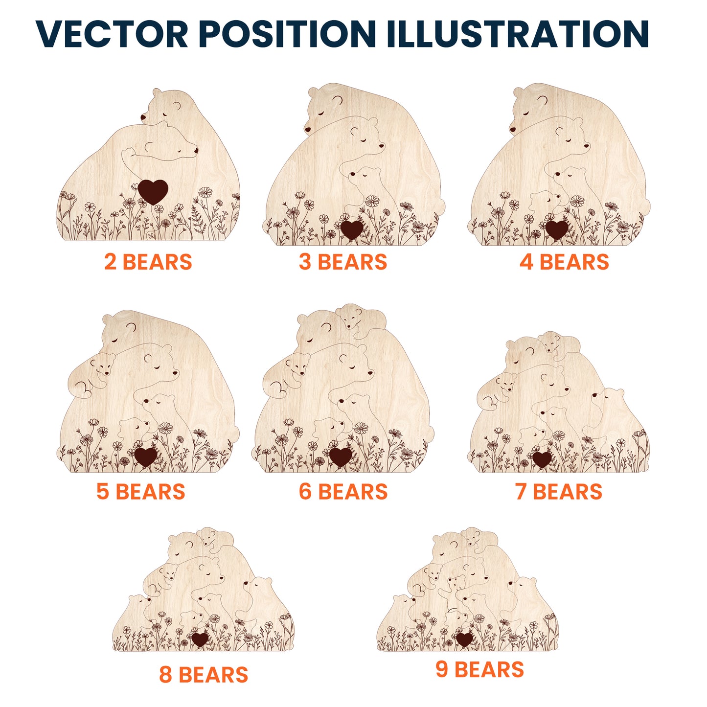Hugging Bear Family Floral Version - Personalized Wooden Bear Family Puzzle - Christmas Gift For Mom