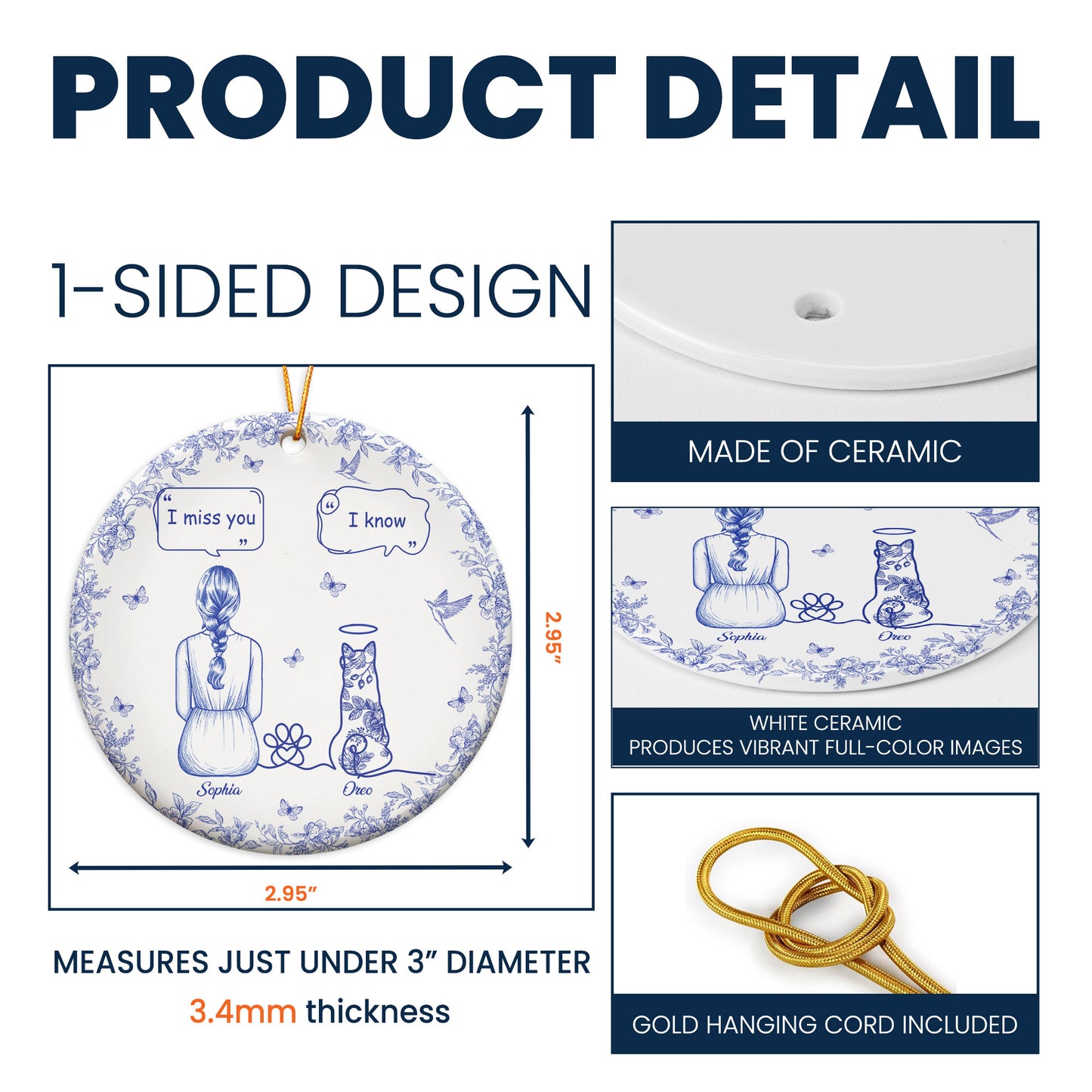 I Miss You Memorial Dog Cat Toile De Jouy Pet Loss - Personalized Ceramic Ornament