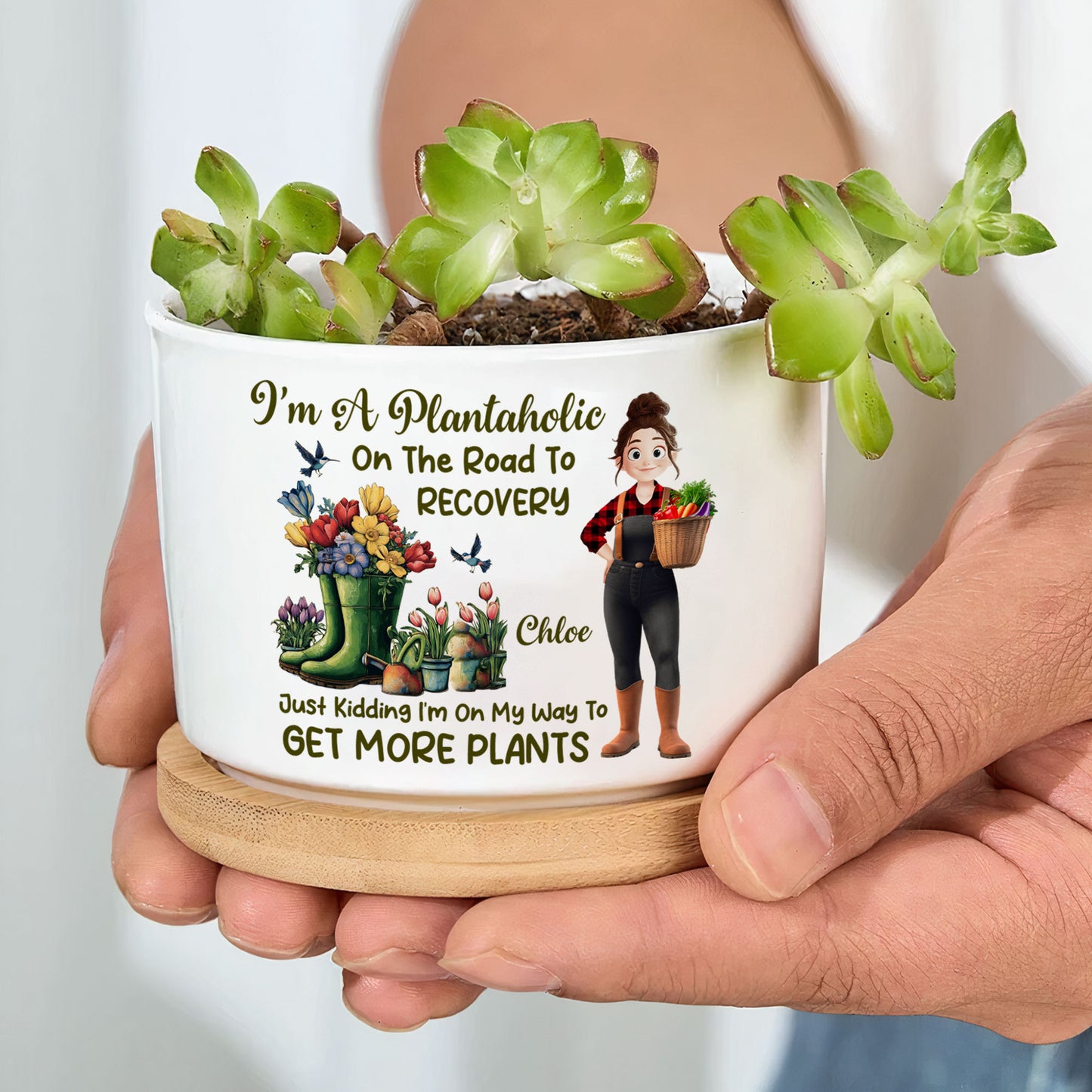 I'm A Plantaholic On The Road To Recovery Cartoon - Personalized Ceramic Plant Pot With Tray