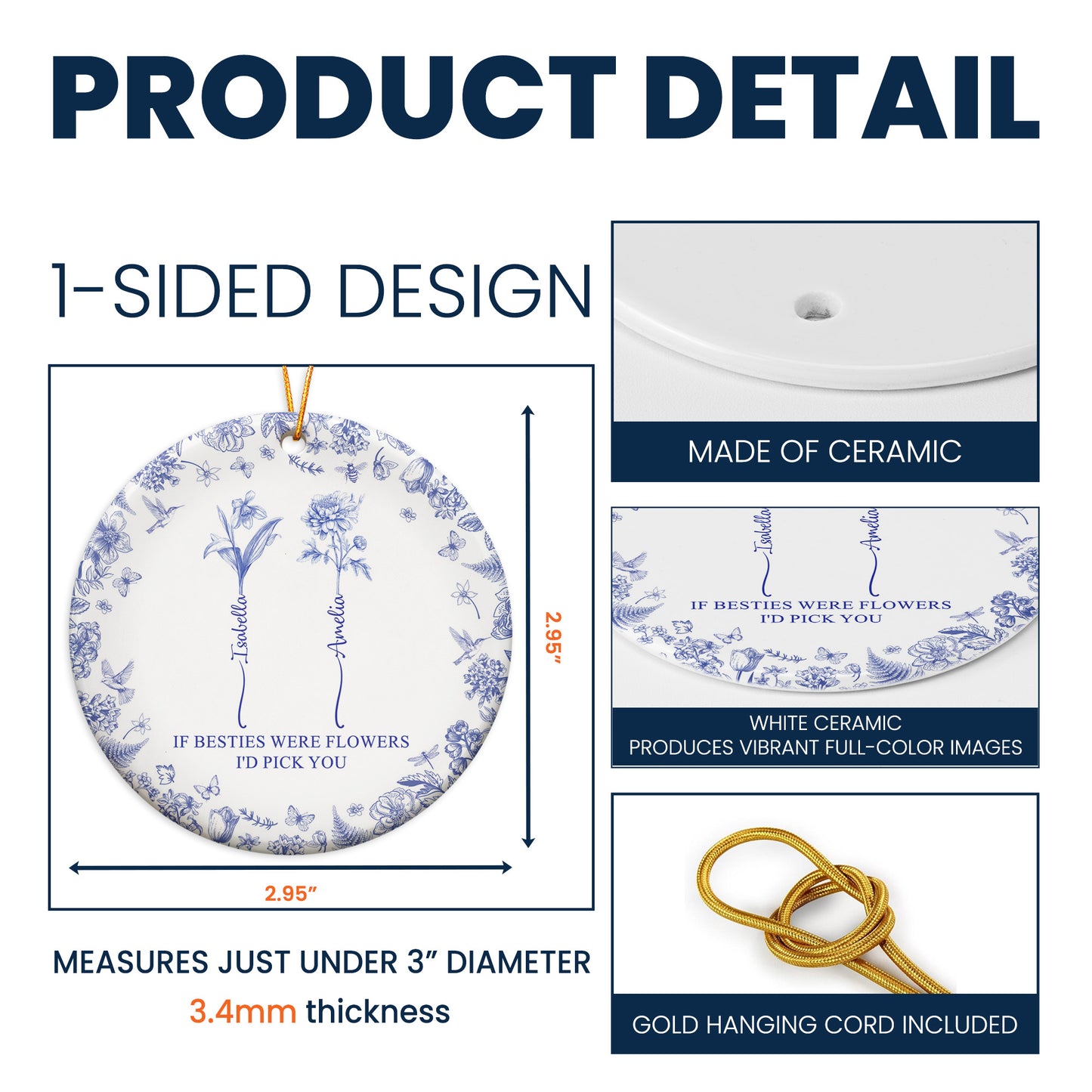 If Besties Were Flowers I'd Pick You - Toile De Jouy Custom Birth Flower - Personalized Ceramic Ornament