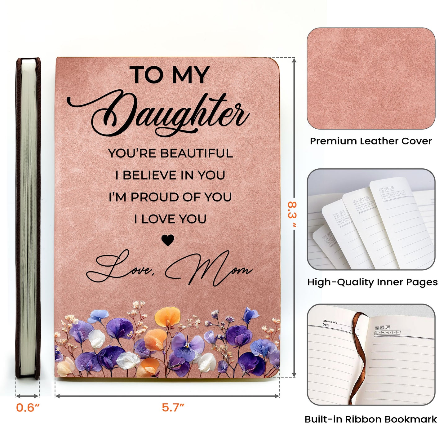 Inspirational Gift For Her Faux Pressed Birth Flower - Personalized Leather Journal