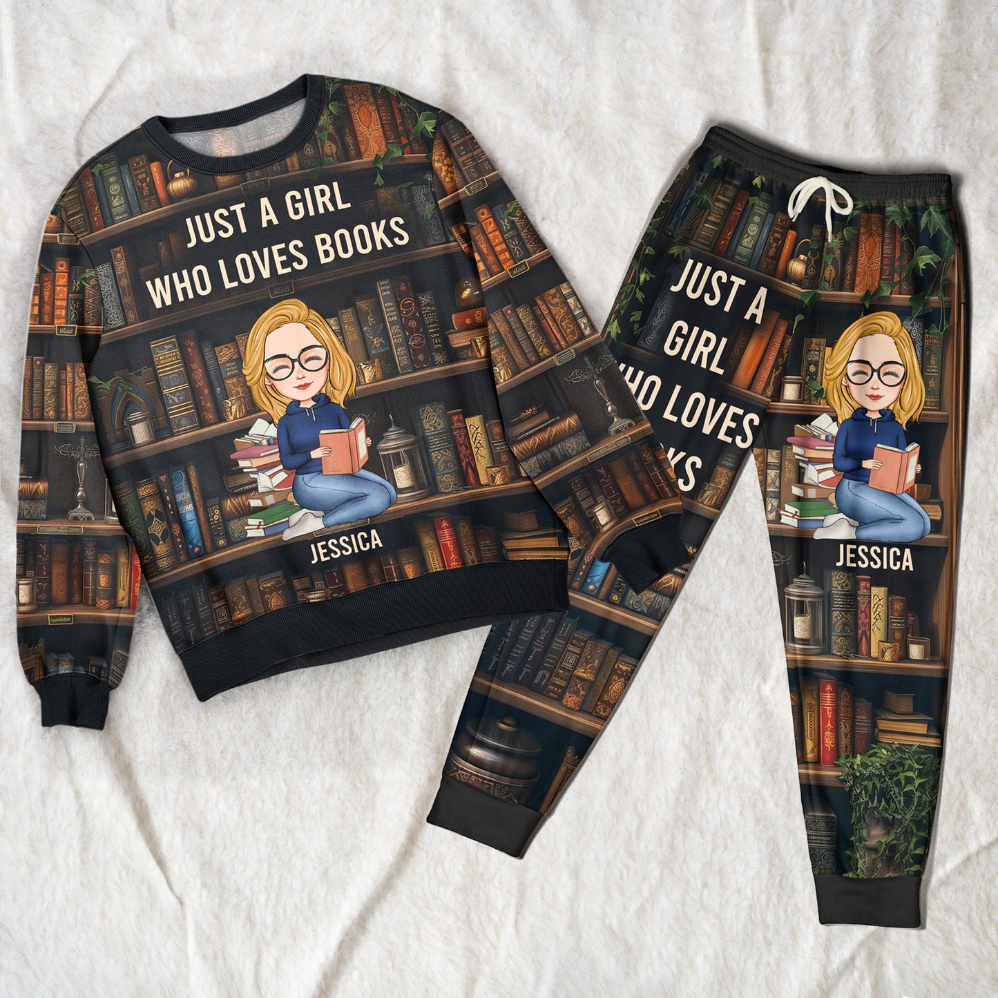 Just A Girl Who Loves Books - Personalized Sweatshirt And Sweatpants Set - Lounge Pants With Pockets, Custom Pajama Pants, Jogger Sweatpants, Gift For Her