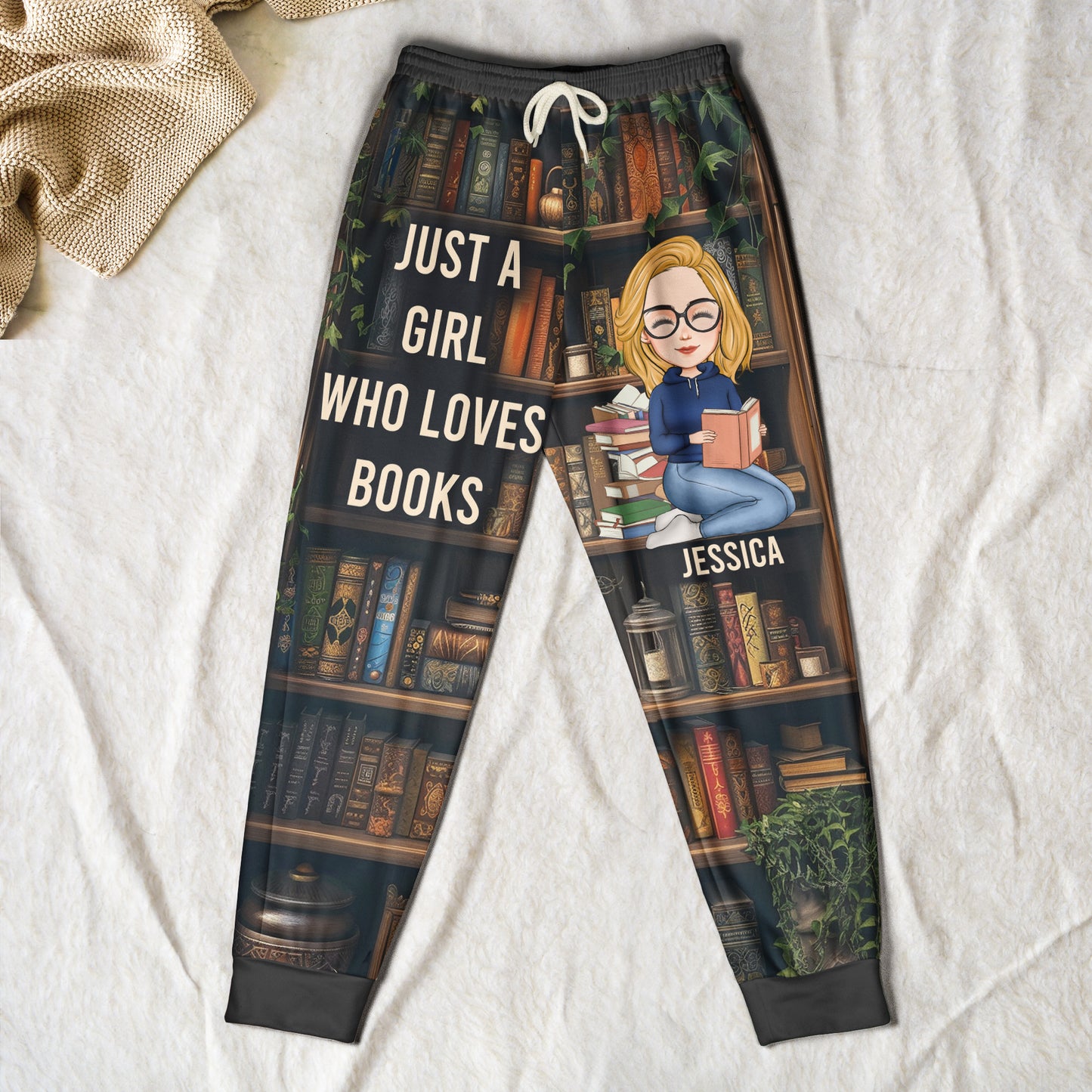 Just A Girl Who Loves Books - Custom Gift Set - Lounge Pants With Pockets, Custom Pajama Pants, Jogger Sweatpants, Gift For Her
