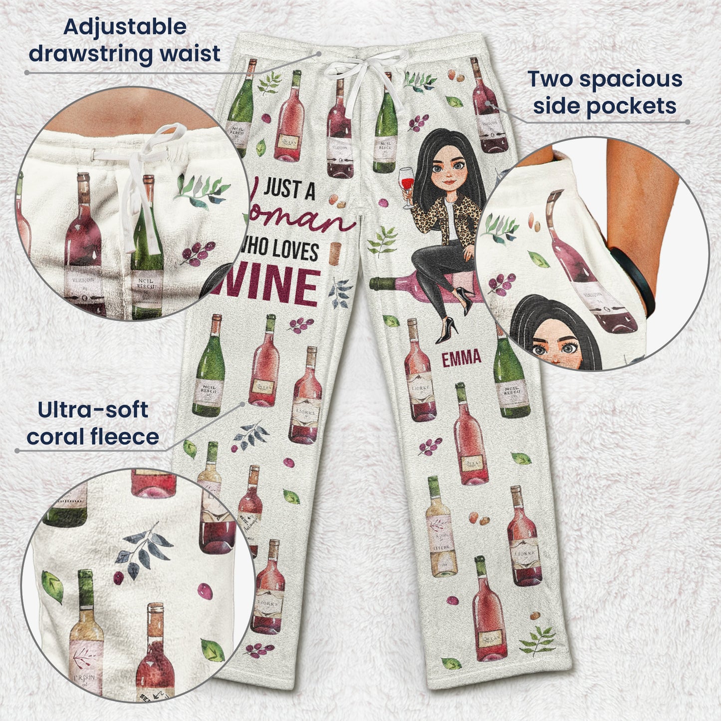 Just A Woman Who Loves Wine - Personalized Fleece Pajama Pants