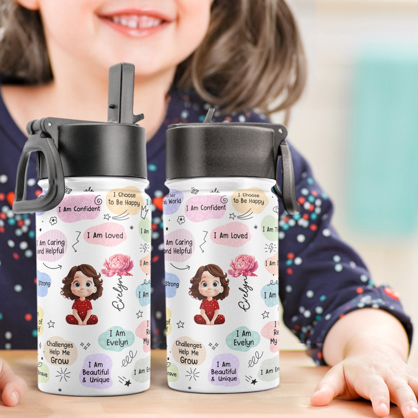 Kid Birth Flower Affirmation - Personalized Kids Water Bottle With Straw Lid