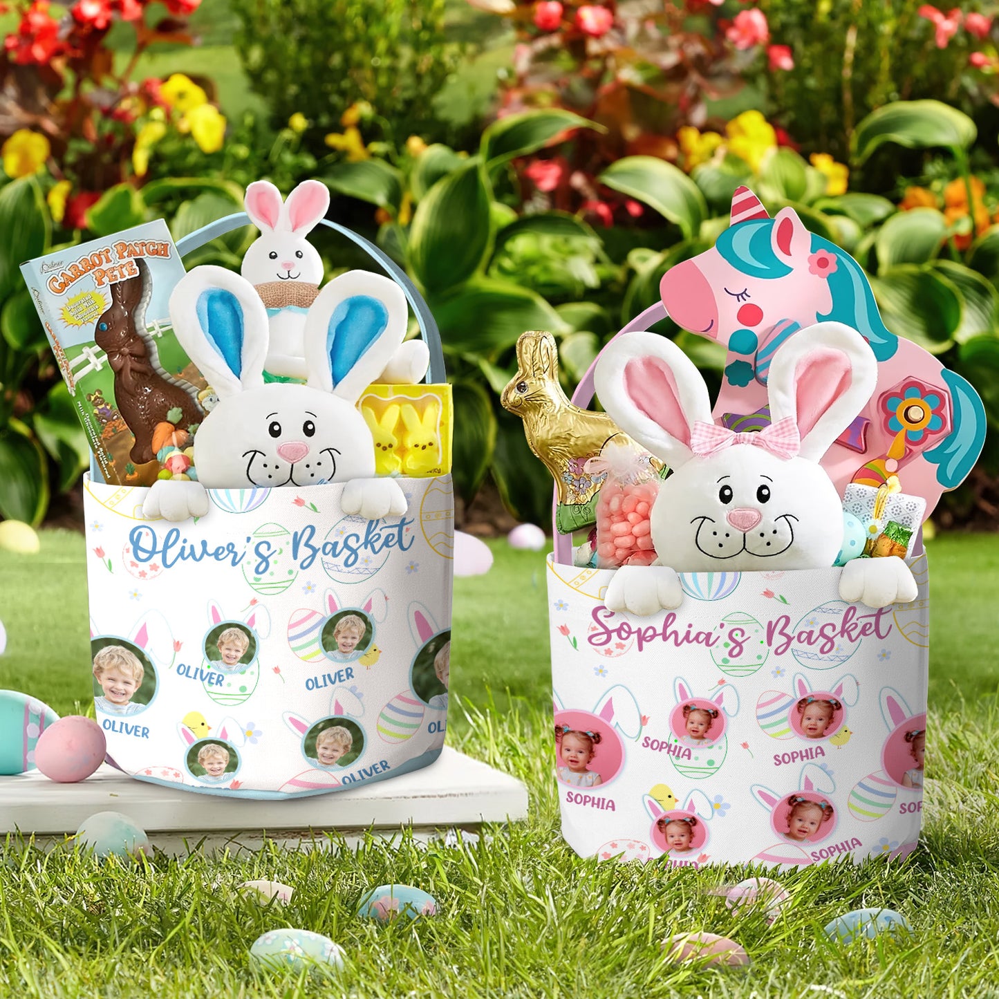 Kid Happy Easter With Bunny Ears - Personalized Photo Easter Basket