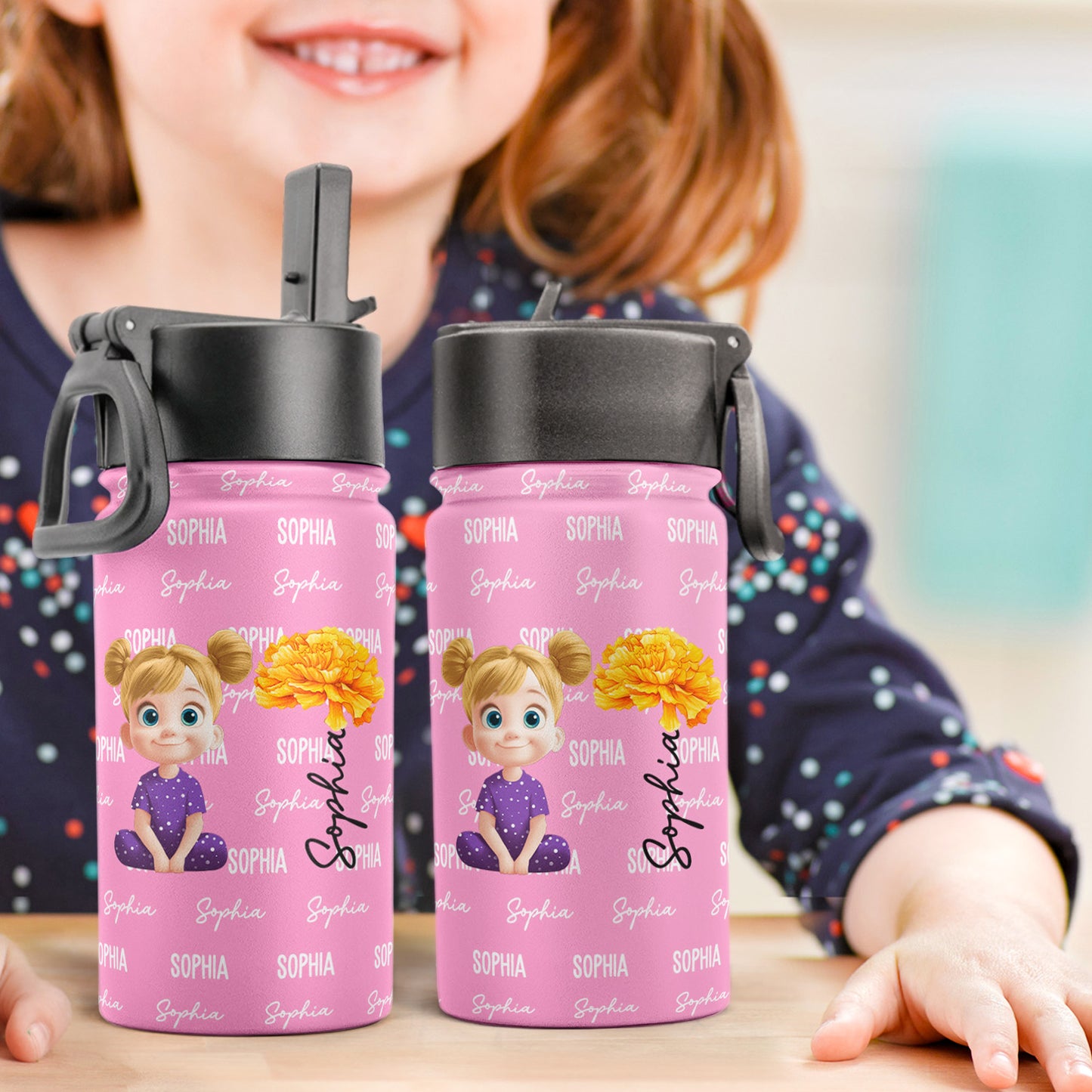 Multicolor Cute Cartoon With Birth Flower - Personalized Kids Water Bottle With Straw Lid