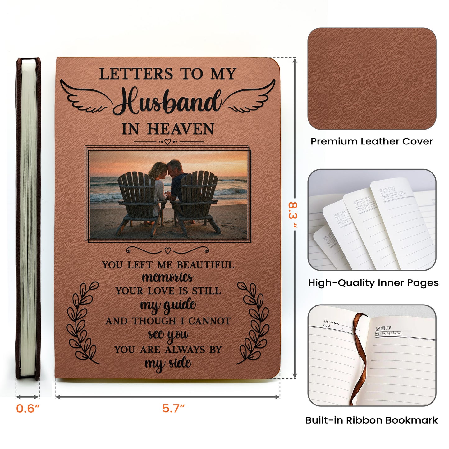 Letters To My Husband In Heaven Memorial Sympathy Gift - Personalized Leather Photo Journal