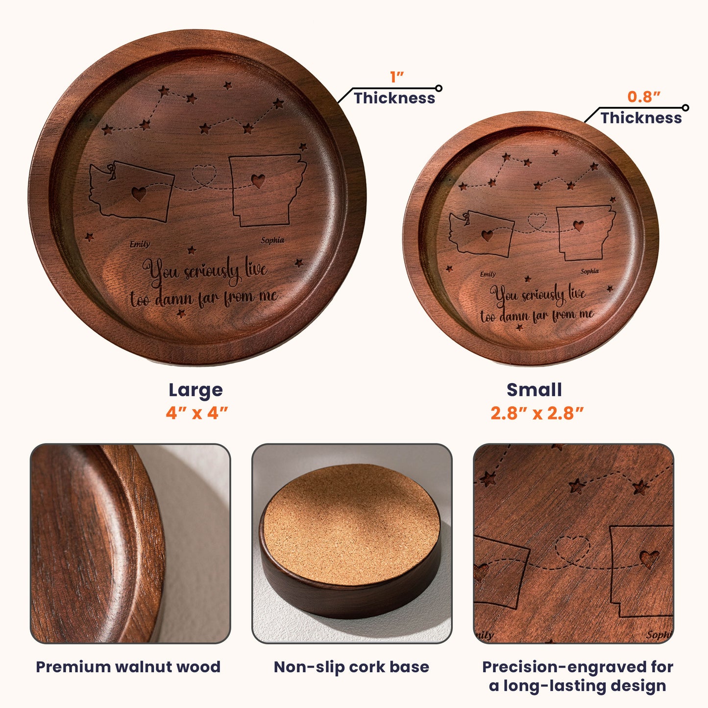 Long Distance Custom State To State For Friends, Couples, Family - Personalized Wood Ring Dish