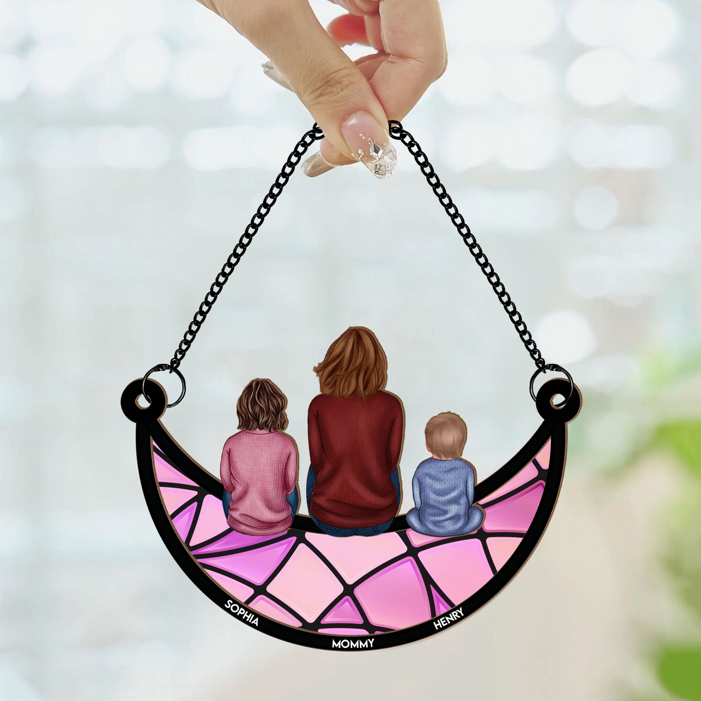 Mom And Her Kids On The Moon - Personalized Window Hanging Suncatcher Ornament