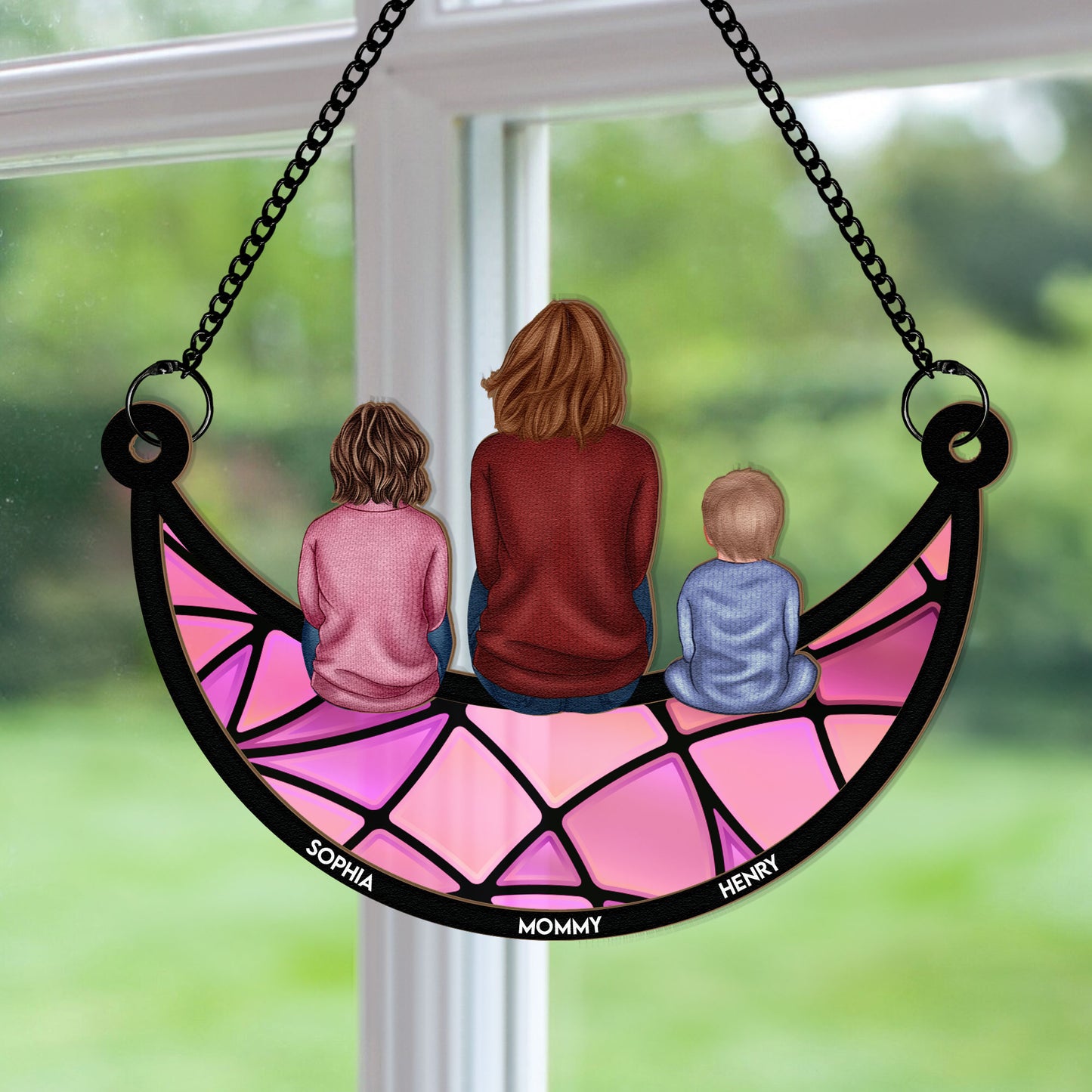 Mom And Her Kids On The Moon - Personalized Window Hanging Suncatcher Ornament