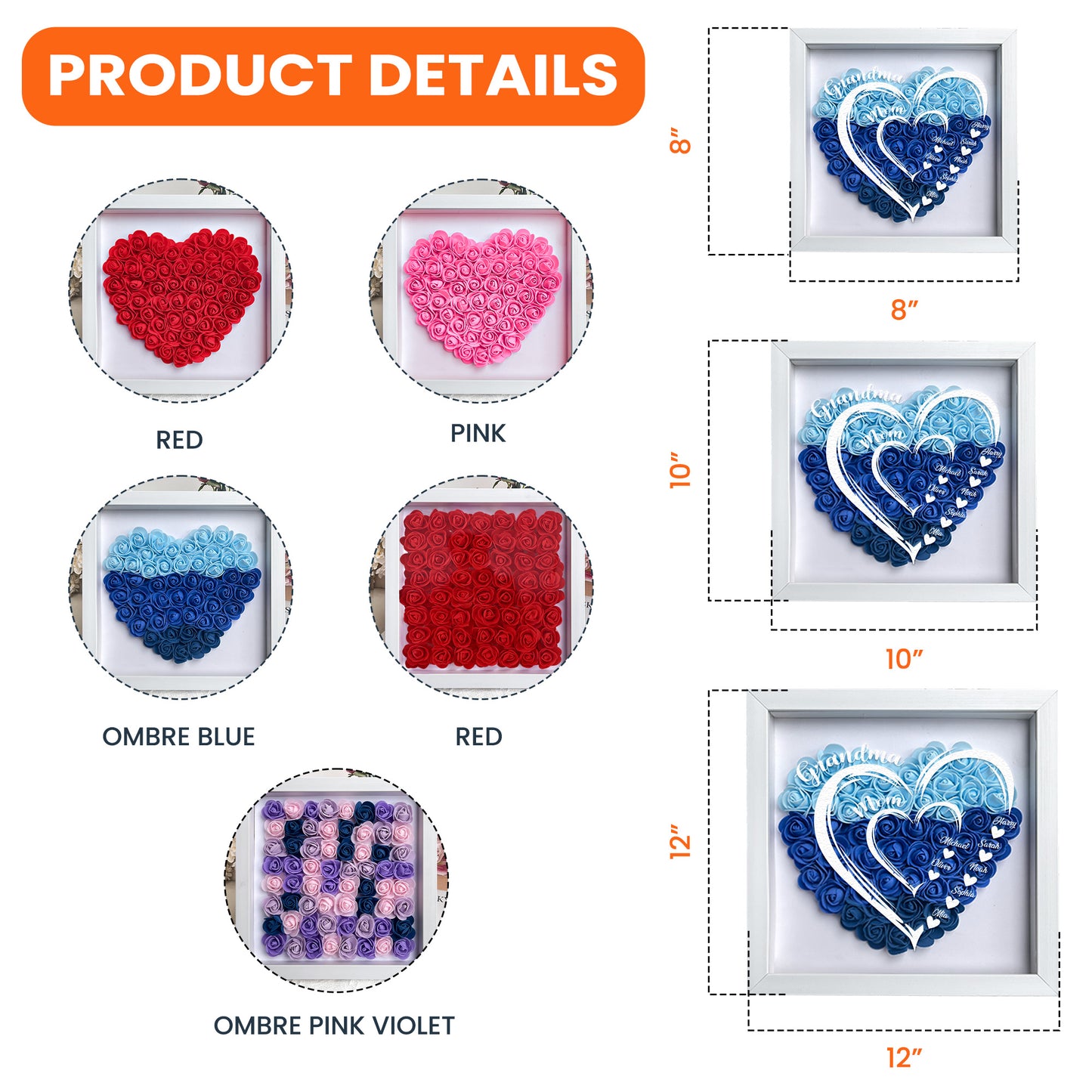 Mom Grandma Hearts Custom Kids' Names - Personalized Flower Shadow Box With LED Light