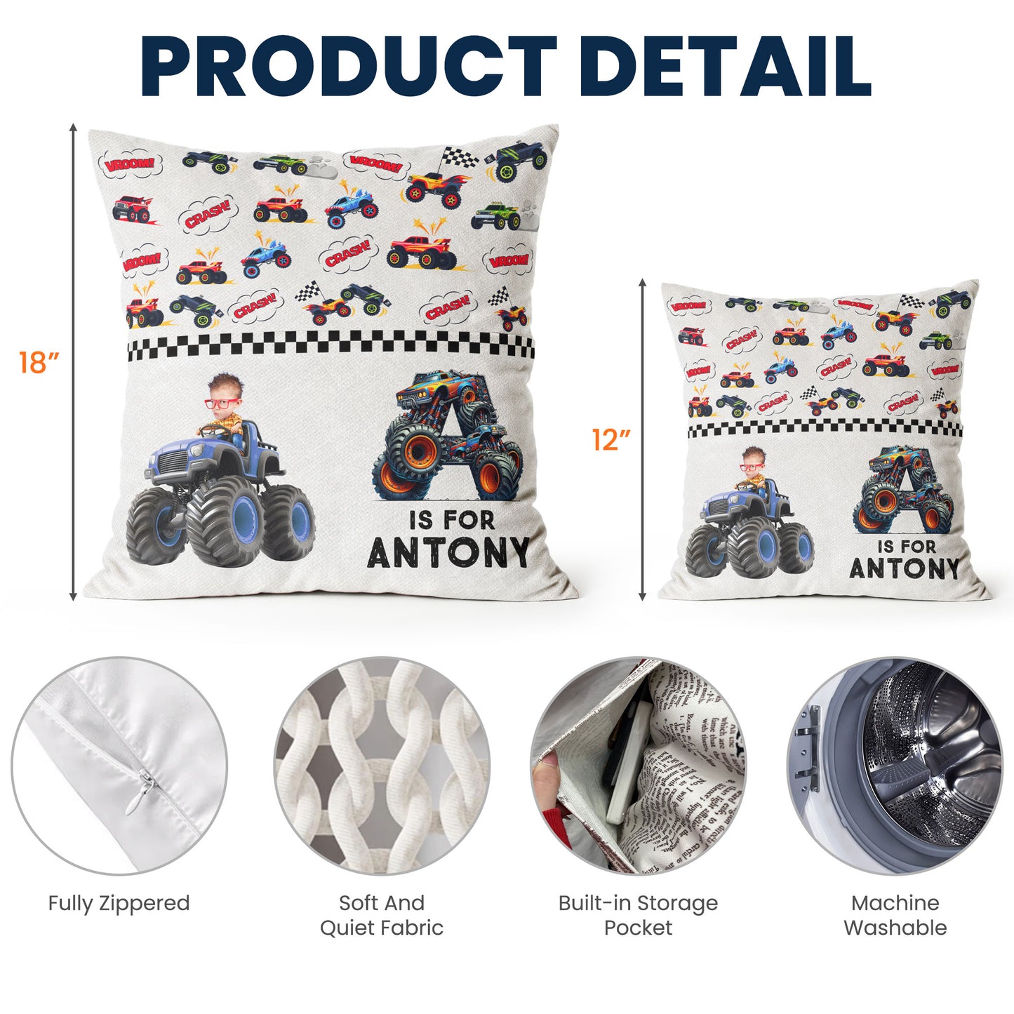 Monster Truck Alphabet Letters - Personalized Photo Pocket Pillow (Insert Included)