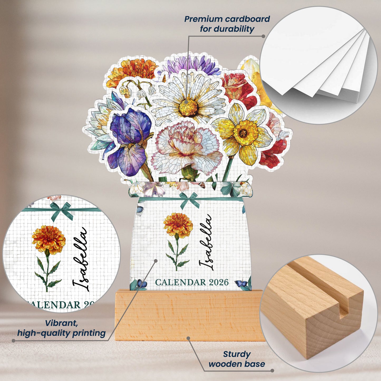 Mosaic Style Birth Flowers - Custom Easel Calendar 2026