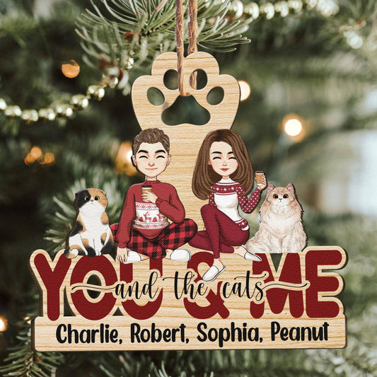 You & Me And The Cats - Personalized Custom Shaped Wooden Ornament