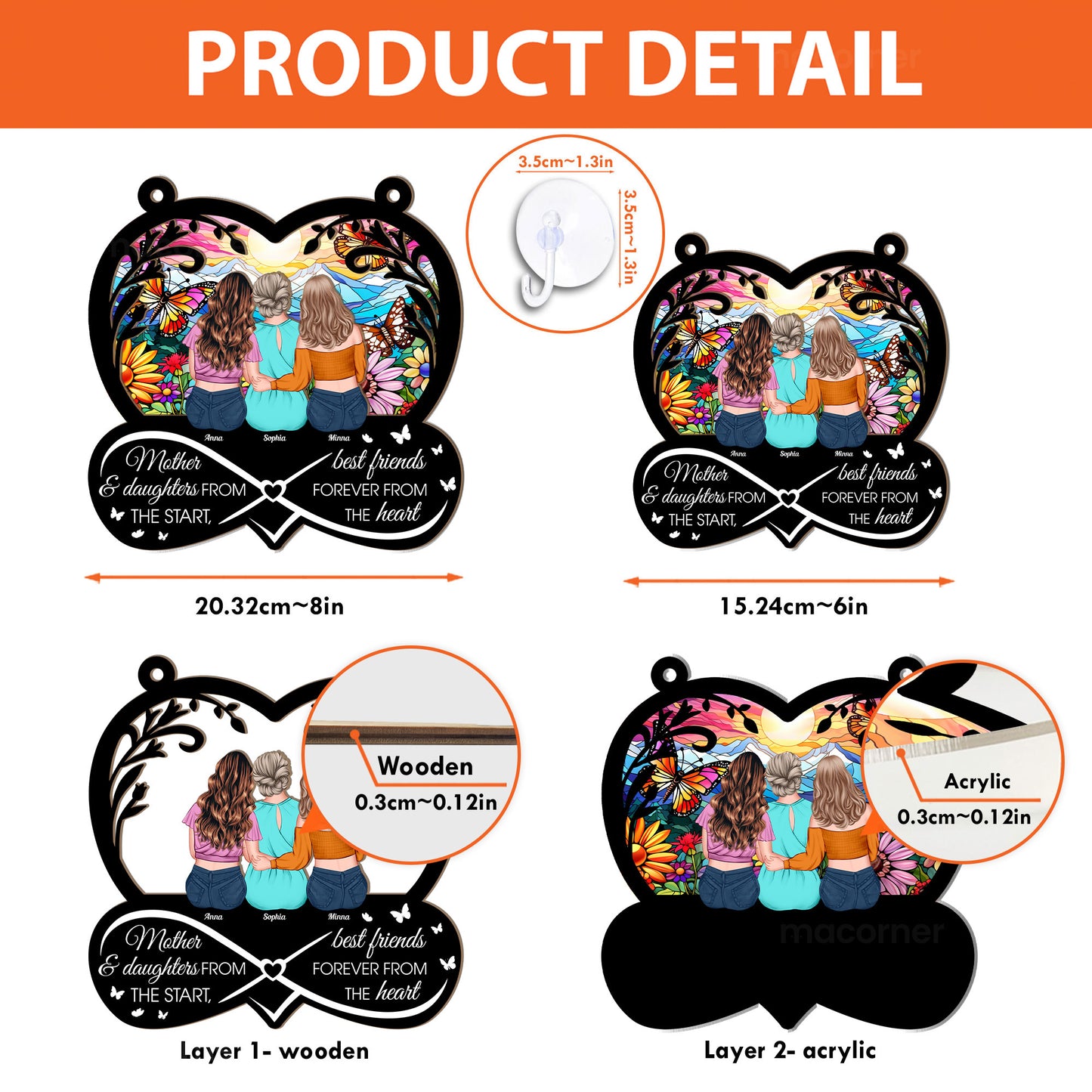 Mother & Daughters, Best Friends Forever From The Heart - Personalized Window Hanging Suncatcher Ornament