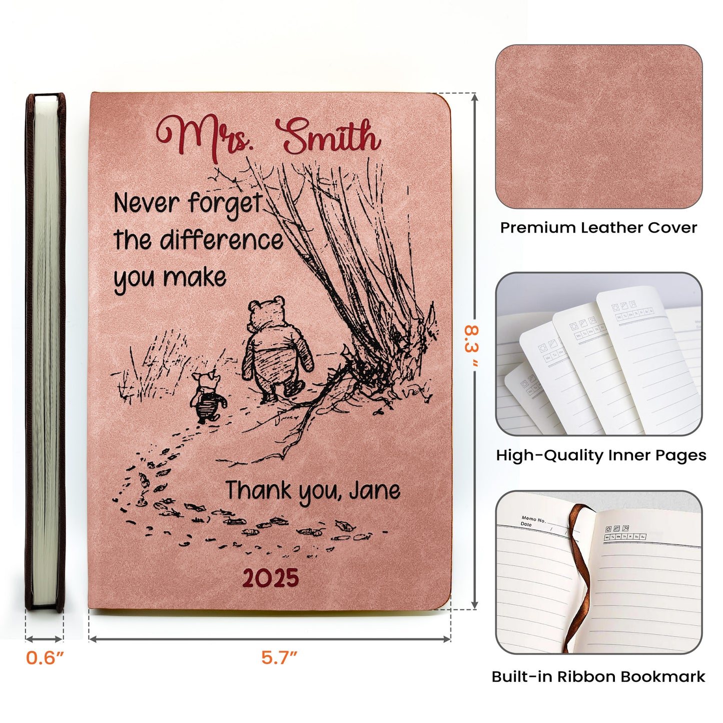 Never Forget The Difference You Make - Thank You Gift - Personalized Leather Journal