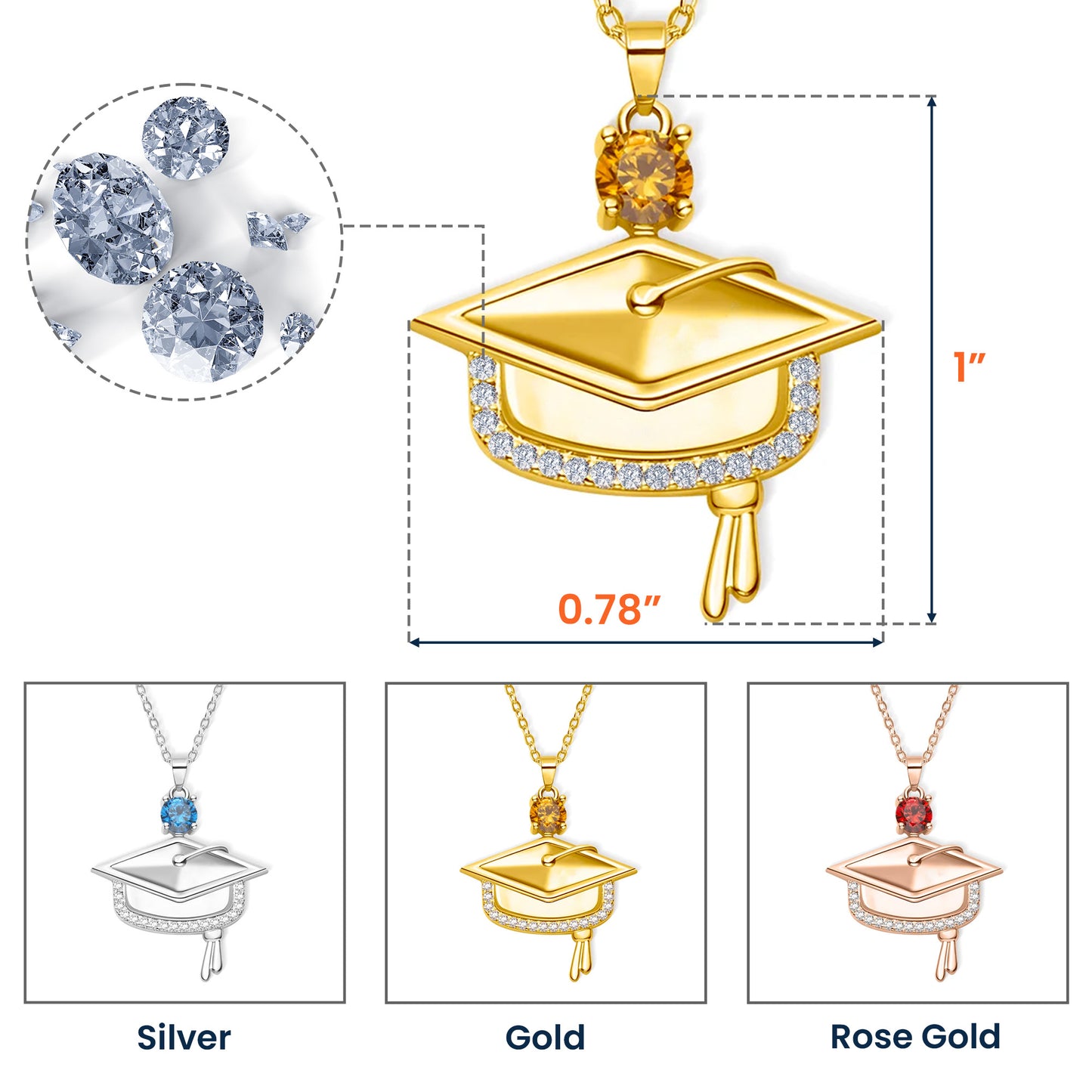 Never Give Up - Personalized Graduation Cap Pendant Necklace With Birthstone