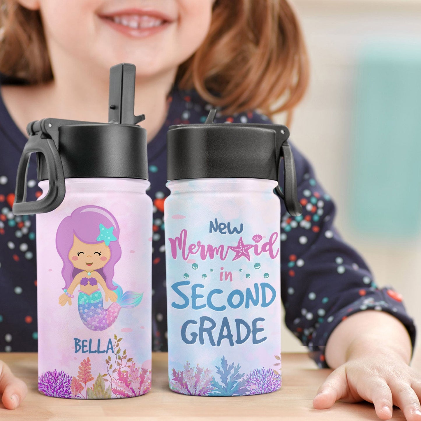New Little Mermaid In School - Personalized Kids Water Bottle With Straw Lid