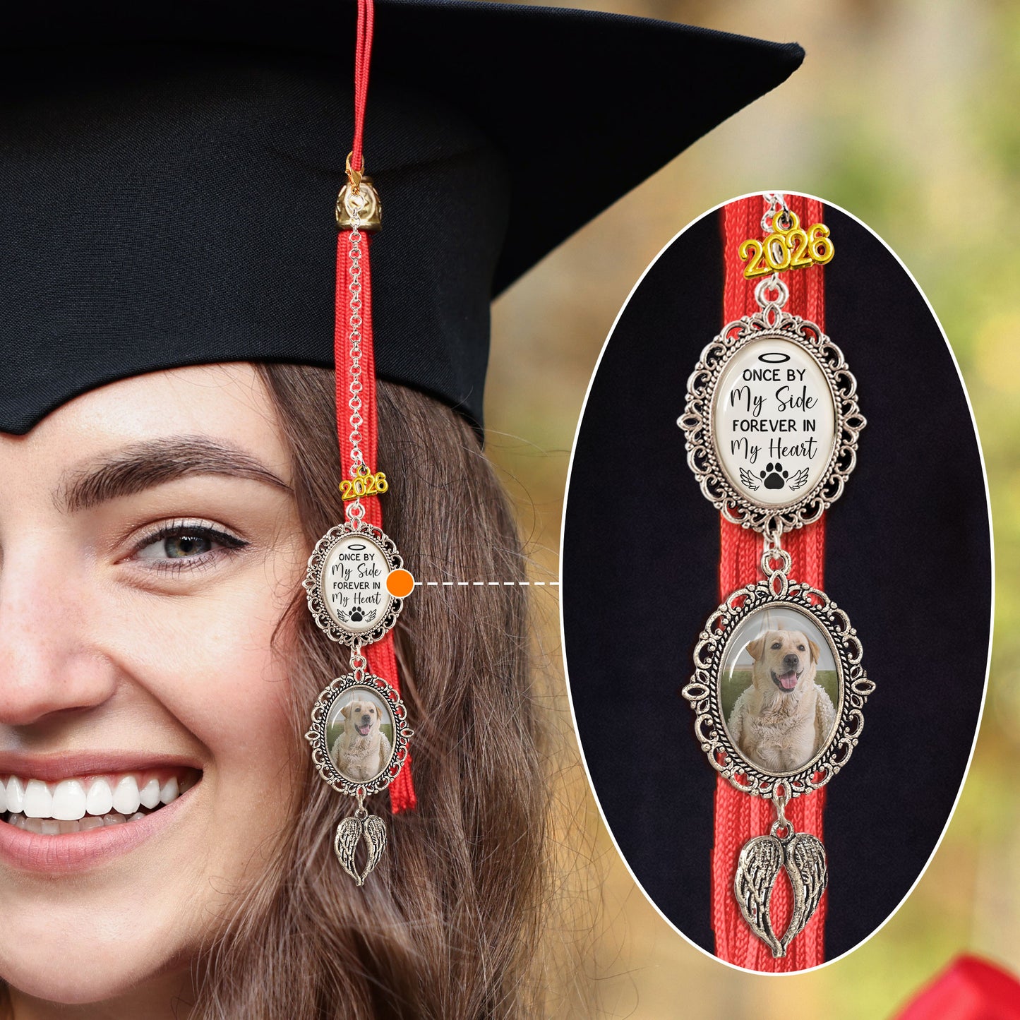 Once By My Side Forever In My Heart Pet Memorial - Custom Graduation Tassel Photo Charm