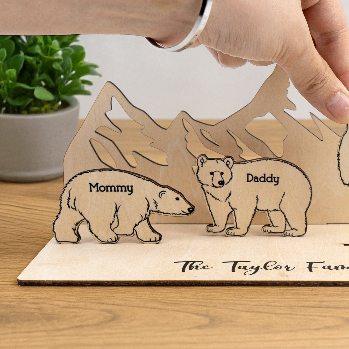Personalized Wooden Bear Family With A Mountain Scene Backdrop