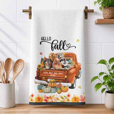 Pet With Pumpkin Truck Art Fall Decor - Personalized Kitchen Towel