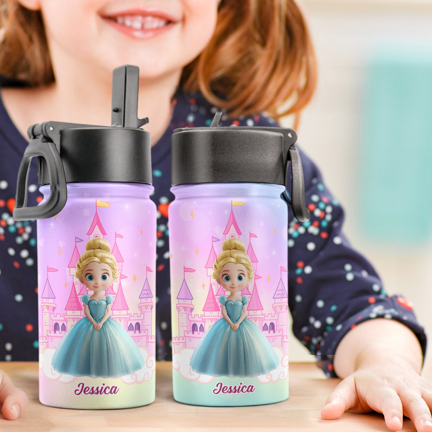 Princess Castle Cartoon Gift For Her - Personalized Kids Water Bottle With Straw Lid