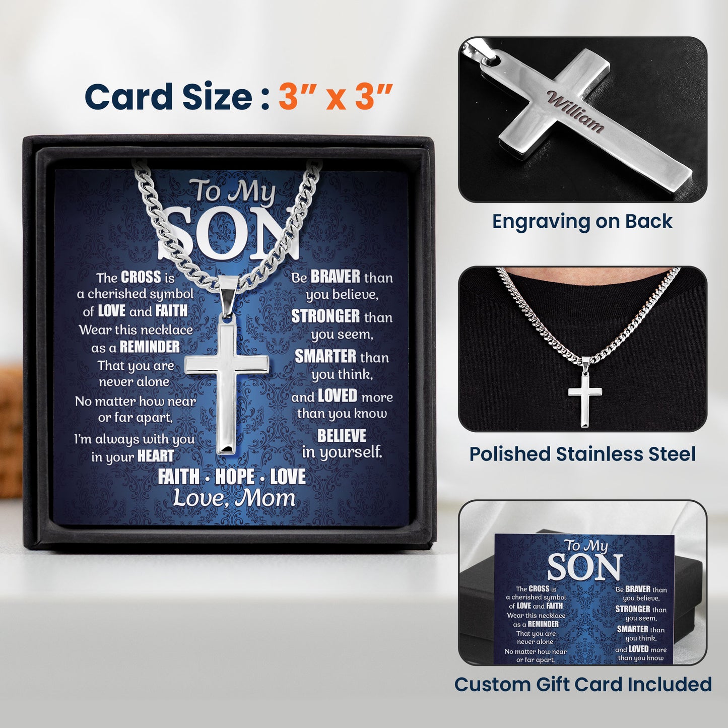 Religious Cross Necklace For Man Him Son - Personalized Cross Necklace With Card