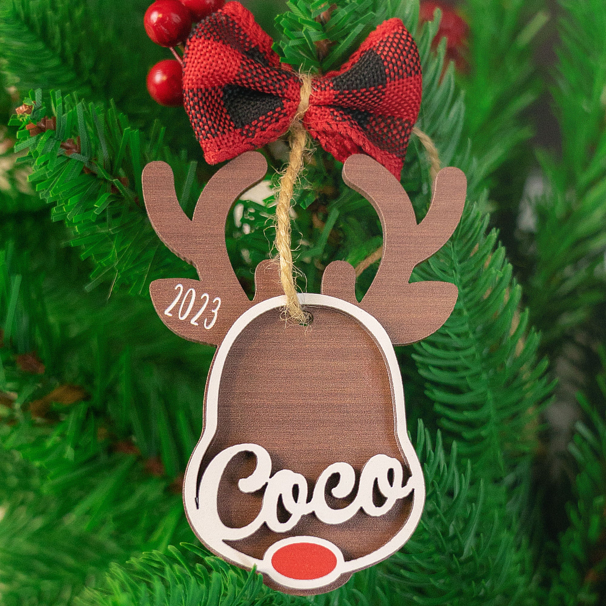 Personalized reindeer 2023 christmas ornament, wooden ornaments, Custo