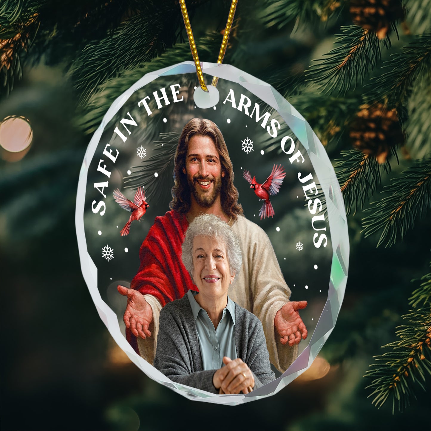 Safe In The Arms Of Jesus Memorial Christmas Ornament - Personalized Glass Photo Ornament