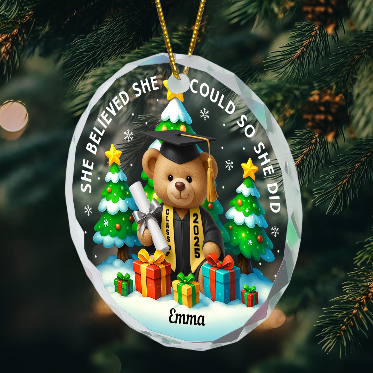 She Believed She Could So She Did - Graduation Bear - Personalized Glass Ornament