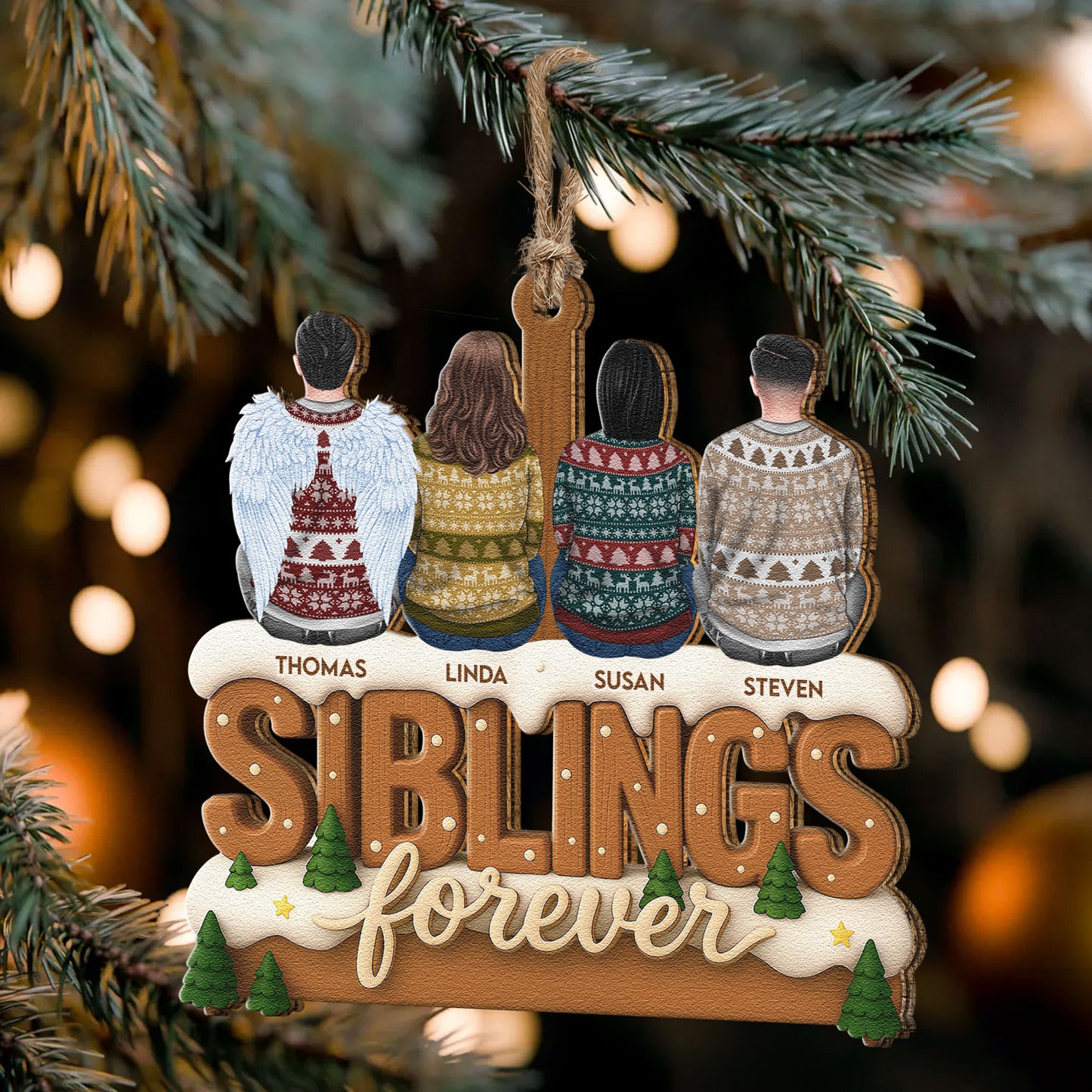 2D Flat Ornament Siblings Forever - Family Sitting Together - Personalized Wooden Ornament