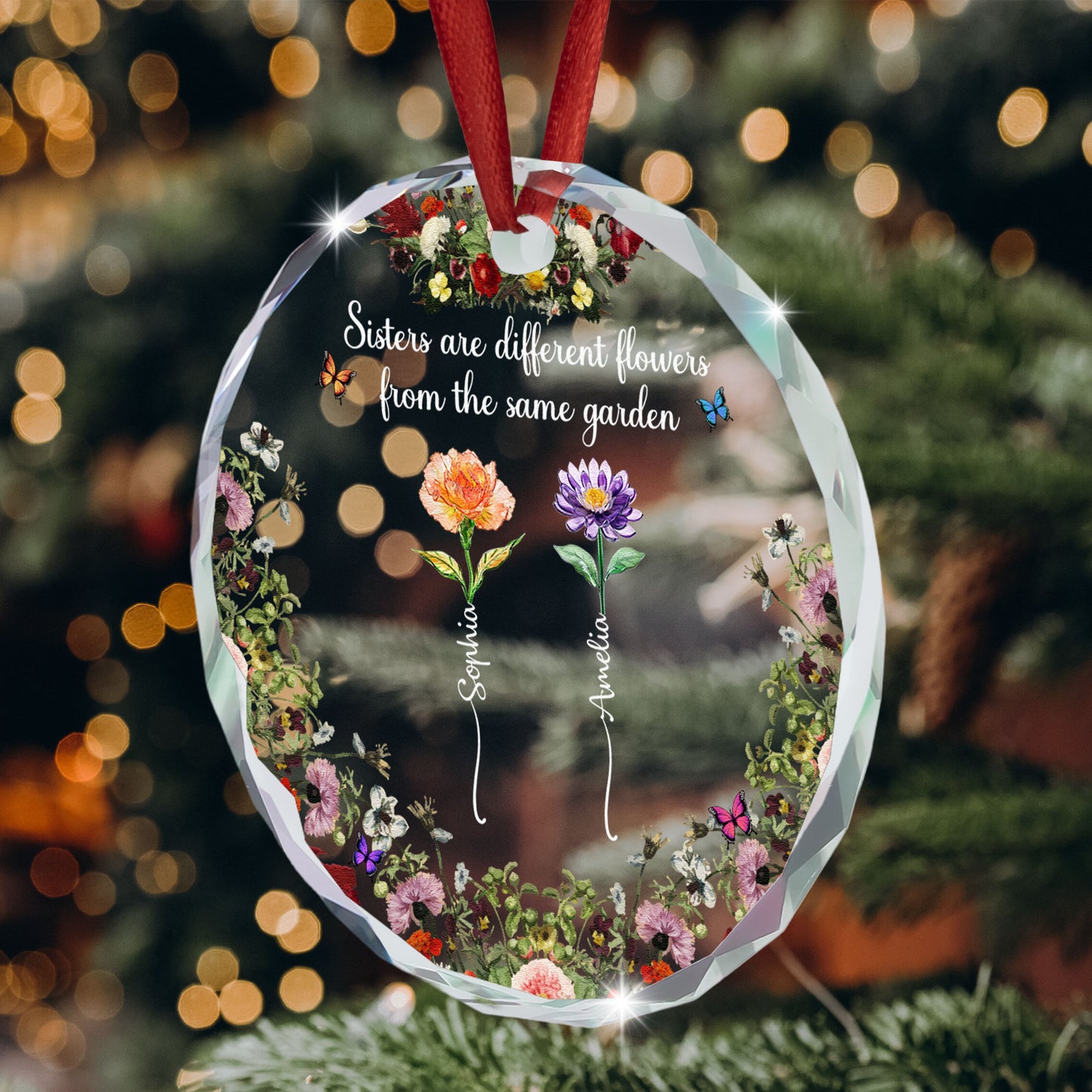 Sisters Are Different Flowers From The Same Garden - Personalized Glass Ornament