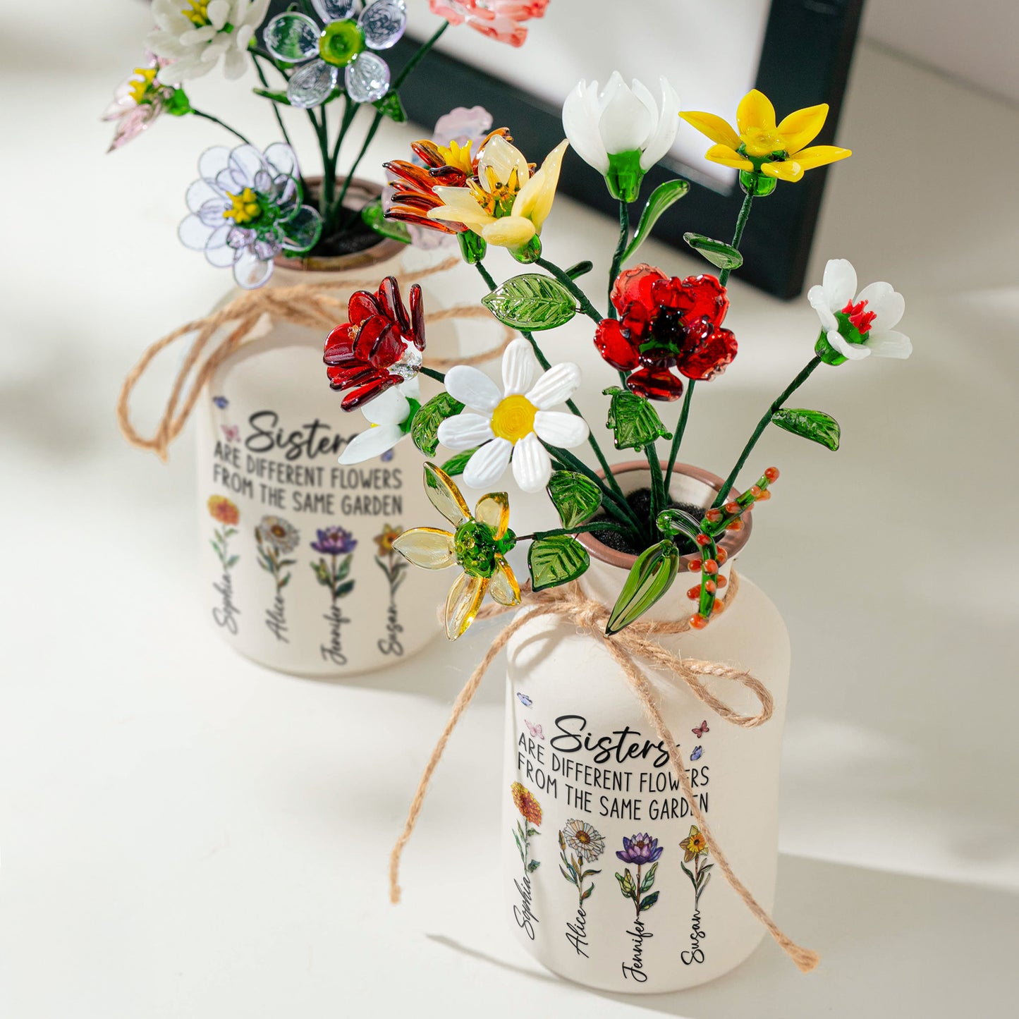 Sisters Are Different Flowers From The Same Garden - Personalized Vase With Glass Birth Month Flowers