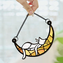 Sleeping Cat On Moon - Personalized Window Hanging Suncatcher Ornament