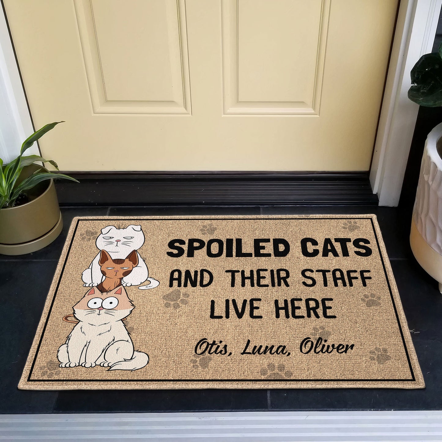 Spoiled Cats, Dogs And Their Staff Live Here - Personalized Doormat
