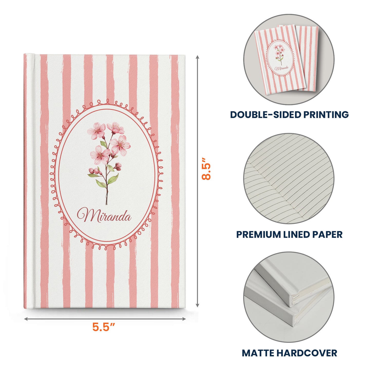 Stripes Girly Floral Journal Custom Birth Flower - Personalized Hardcover Journal