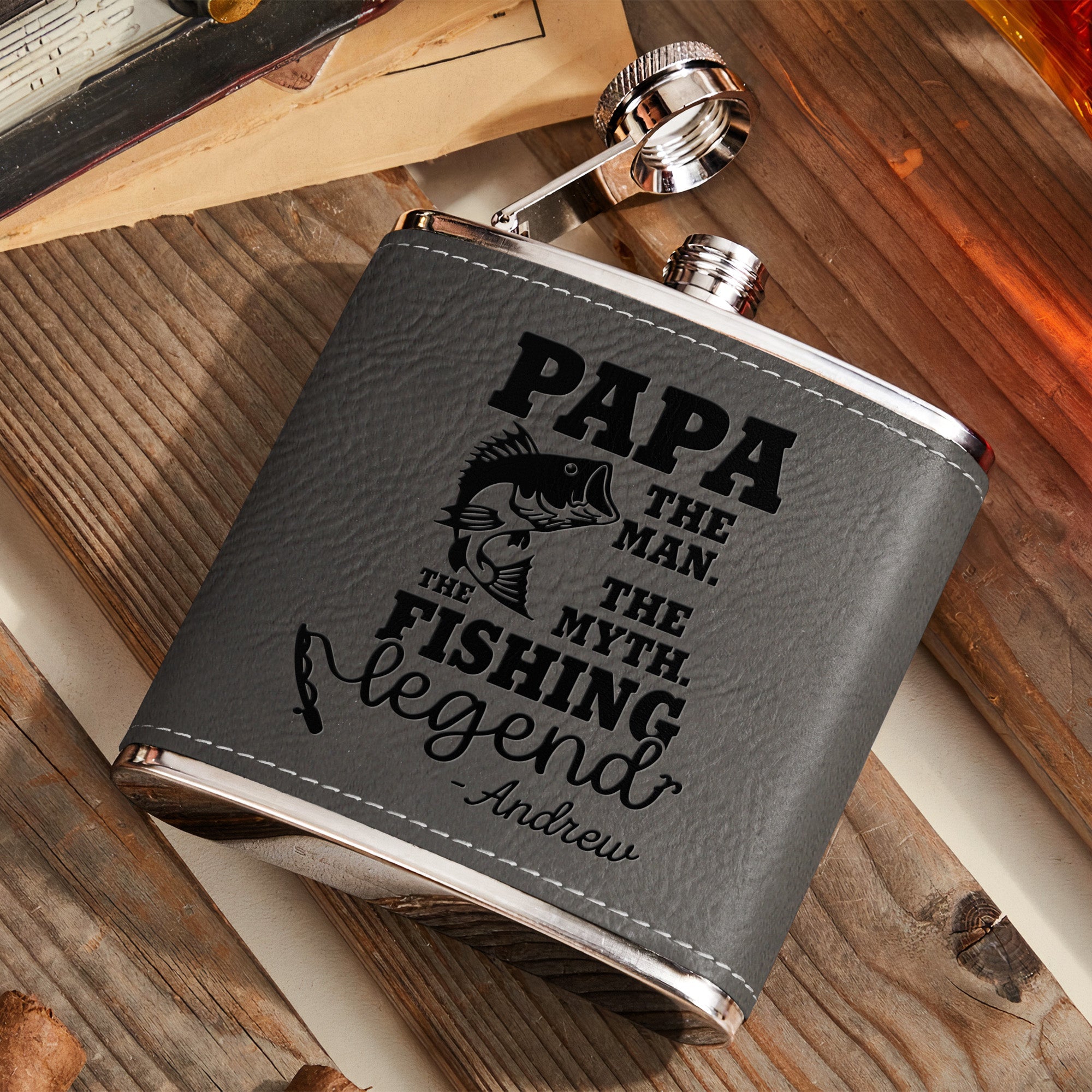 The Man The Myth The Fishing Legend - Personalized Leather Flask