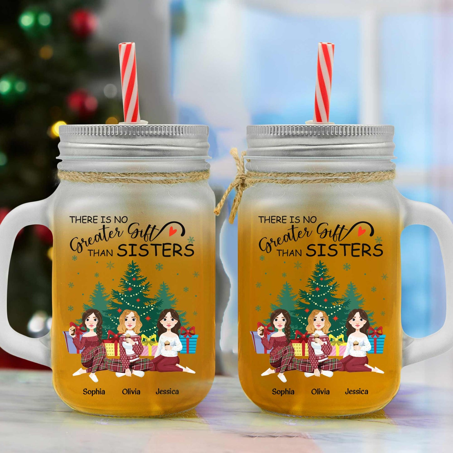 There Is No Greater Gift Than Sisters - Personalized Mason Jar Cup With Straw