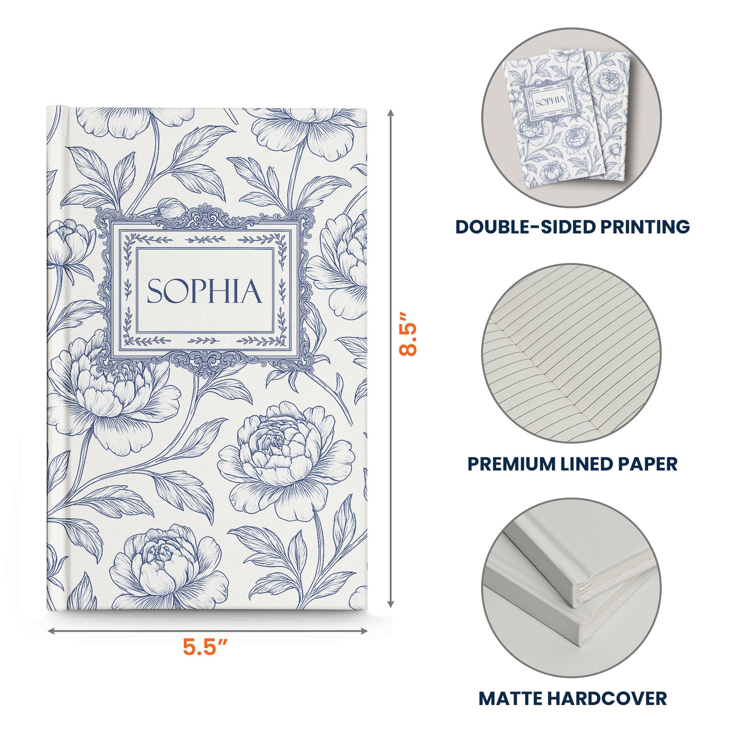 Toile De Jouy Diary Custom Birth Flower Gift For Her, Daughter, Mom, Wife, Sister - Personalized Hardcover Journal