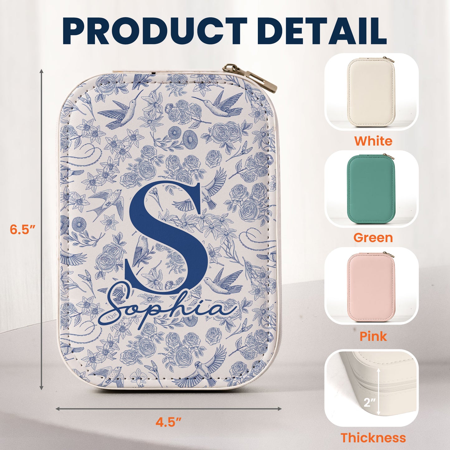 Toile De Jouy Floral Initial - Custom Makeup Box With LED Mirror