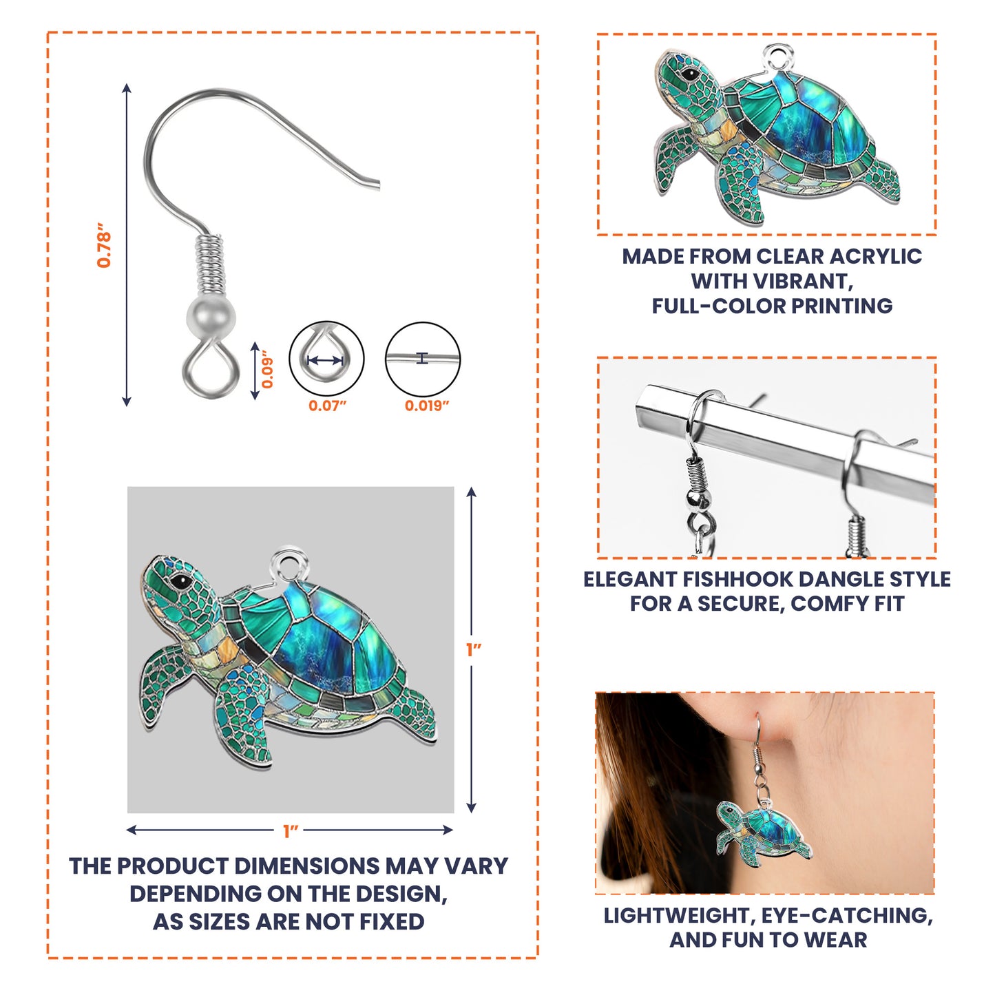 Turtle Seashell Mermaid Beach Stained Glass Effect - Personalized Acrylic Earrings