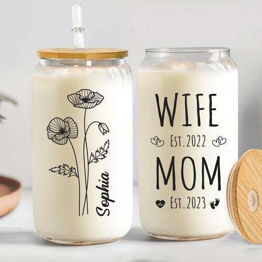 Wife Mom Est Birthflower Mother's Day Birthday Gift - Personalized Clear Glass Cup